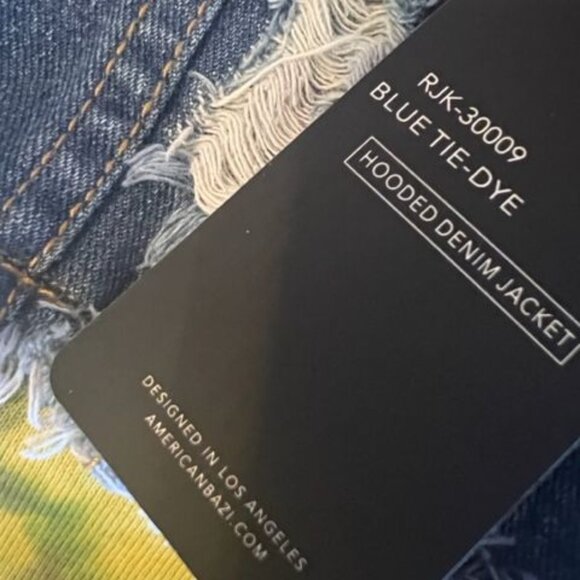 American Bazi Hooded‎ Denim women Jacket With Tie-Dye Trim cropped distressed - Picture 5 of 6